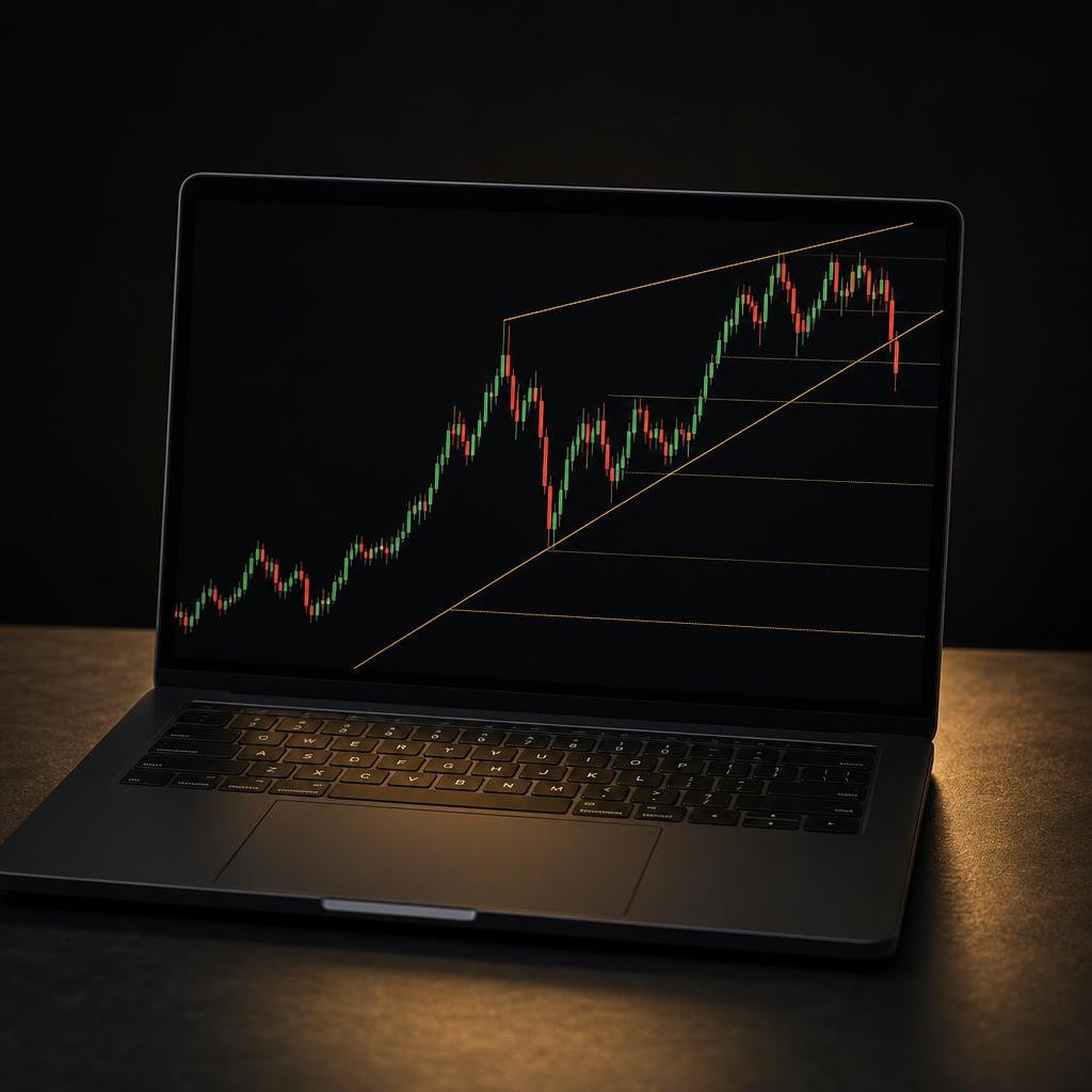 Laptop displaying a candlestick chart with CFD Trading Club trading software