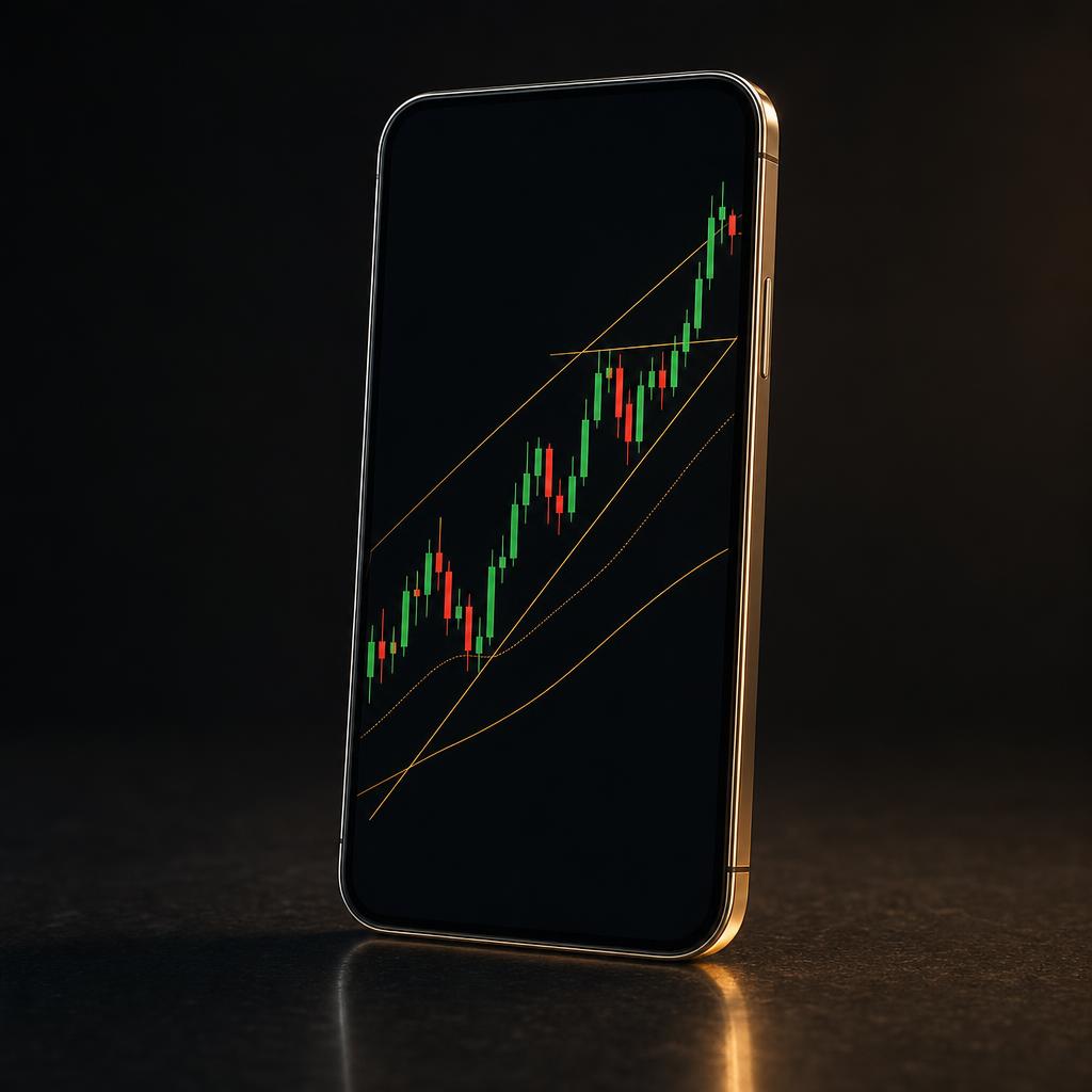 Smartphone displaying a candlestick chart with trading software