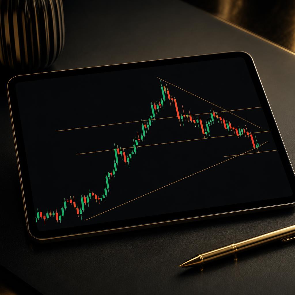 Tablet displaying a candlestick chart with trading software